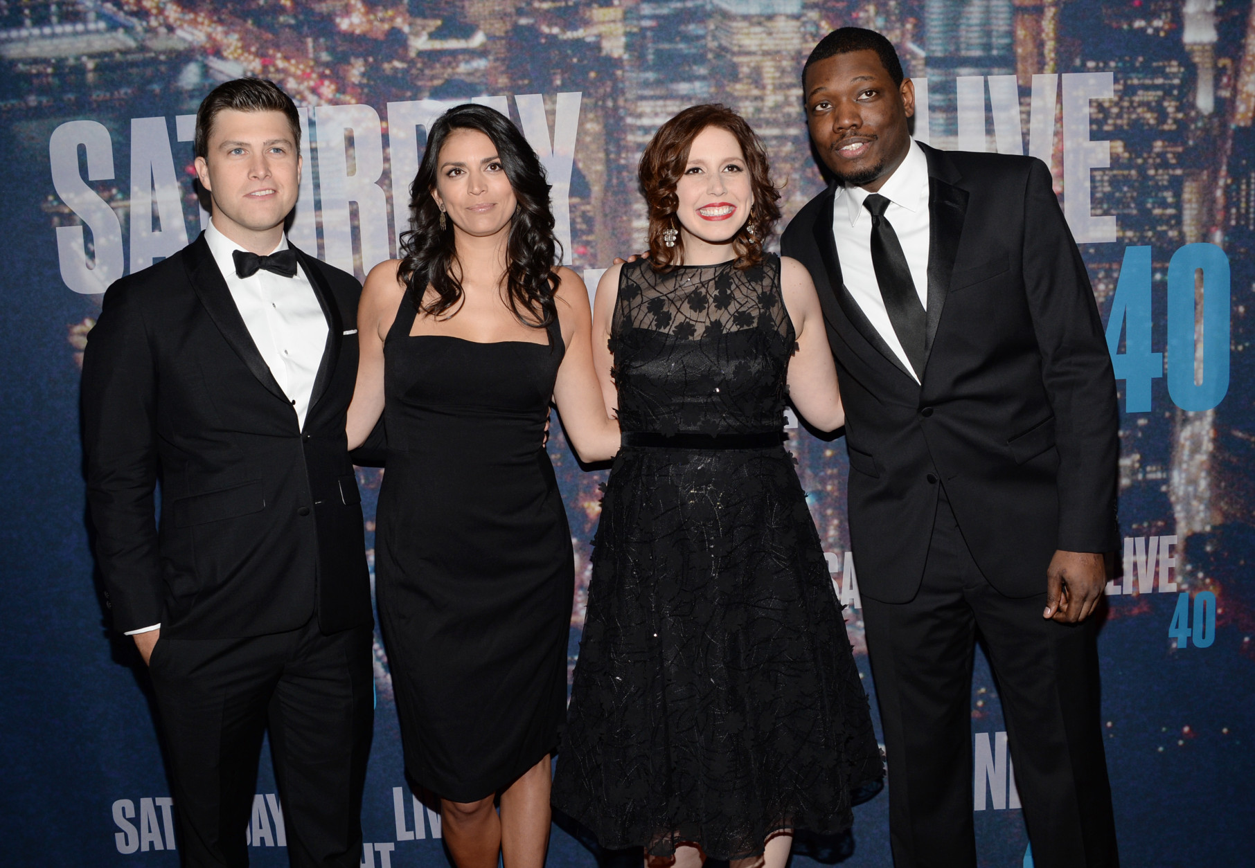 Colin Jost, from left, Cecily Strong, Vanessa Bayer and Michael Che arrive at the Saturday Night Live 40th Anniversary Special at Rockefeller Plaza on Sunday, Feb. 15, 2015, in New York. (Photo by Evan Agostini/Invision/AP)