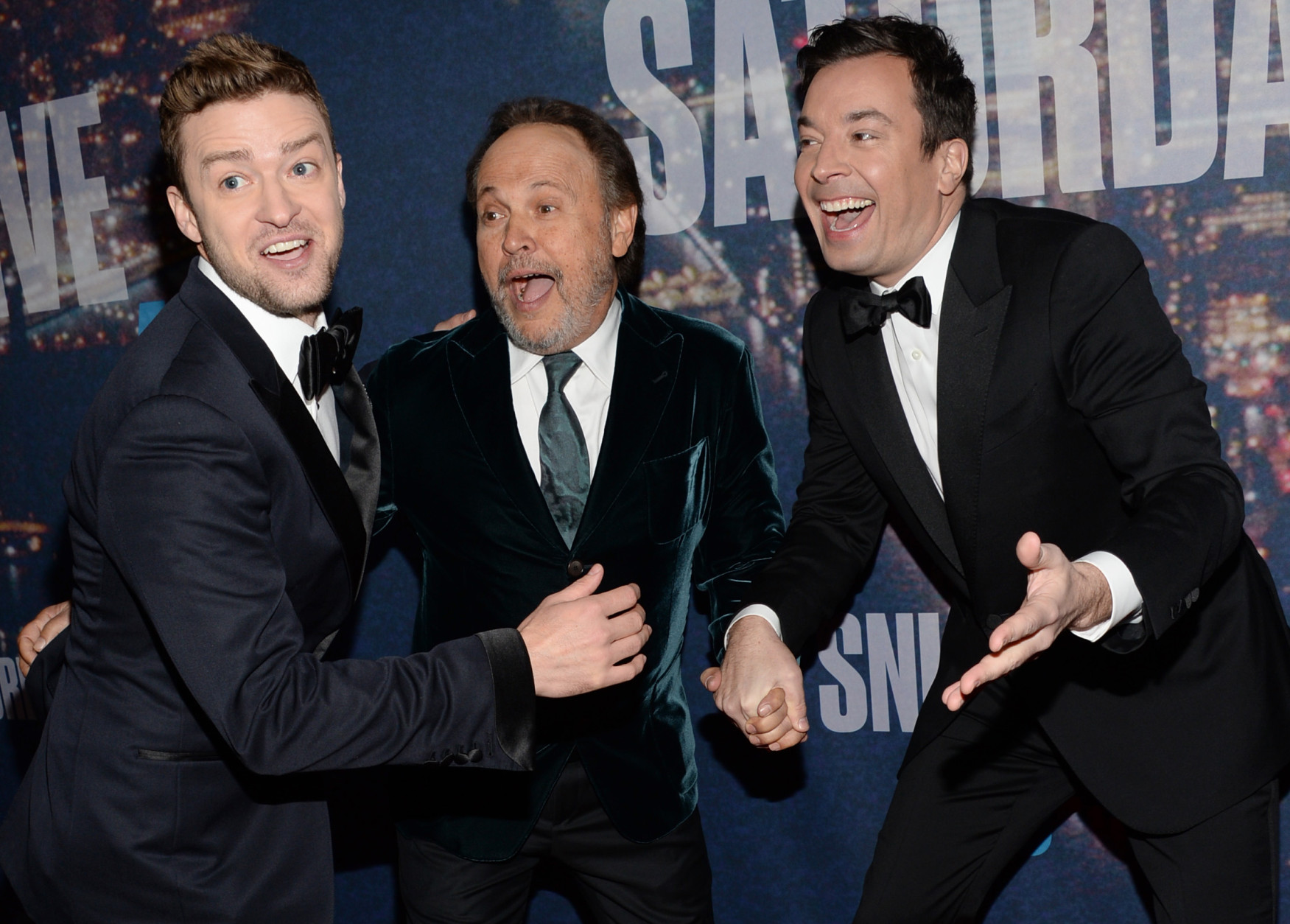 Justin Timberlake, from left, Billy Crystal and Jimmy Fallon arrive at the Saturday Night Live 40th Anniversary Special at Rockefeller Plaza on Sunday, Feb. 15, 2015, in New York. (Photo by Evan Agostini/Invision/AP)