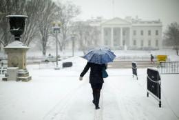 A pedestrian walks in Lafayette Park, across the street from the White House in Washington, Thursday, Feb. 26, 2015, in the falling snow. (AP Photo/Pablo Martinez Monsivais)