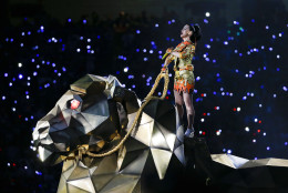 Katy Perry performs during halftime of the NFL Super Bowl XLIX football game  between the Seattle Seahawks and the New England Patriots Sunday, Feb. 1, 2015, in Glendale, Ariz. (AP Photo/Mark Humphrey)