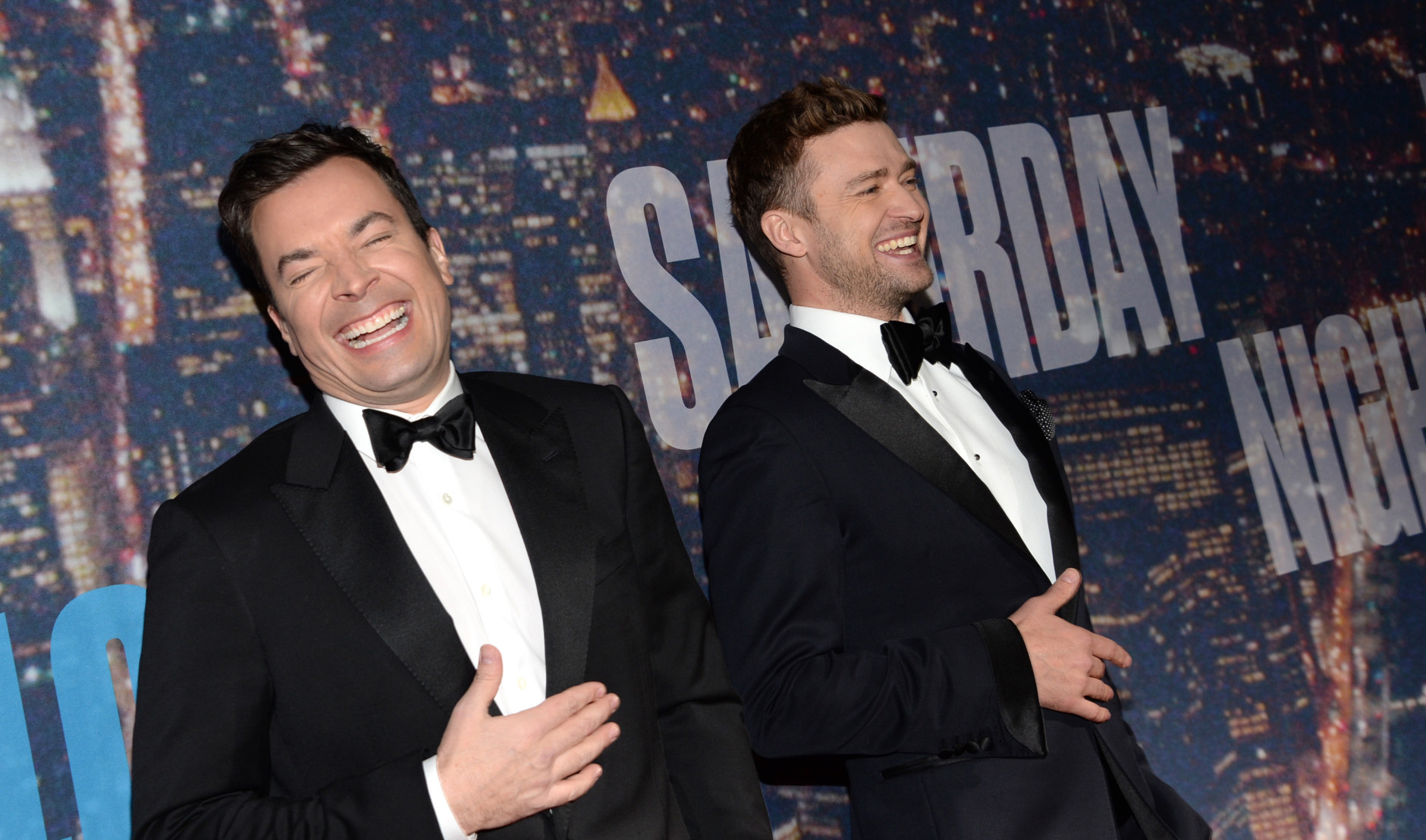 Jimmy Fallon, left, and Justin Timberlake arrive at the Saturday Night Live 40th Anniversary Special at Rockefeller Plaza on Sunday, Feb. 15, 2015, in New York. (Photo by Evan Agostini/Invision/AP)