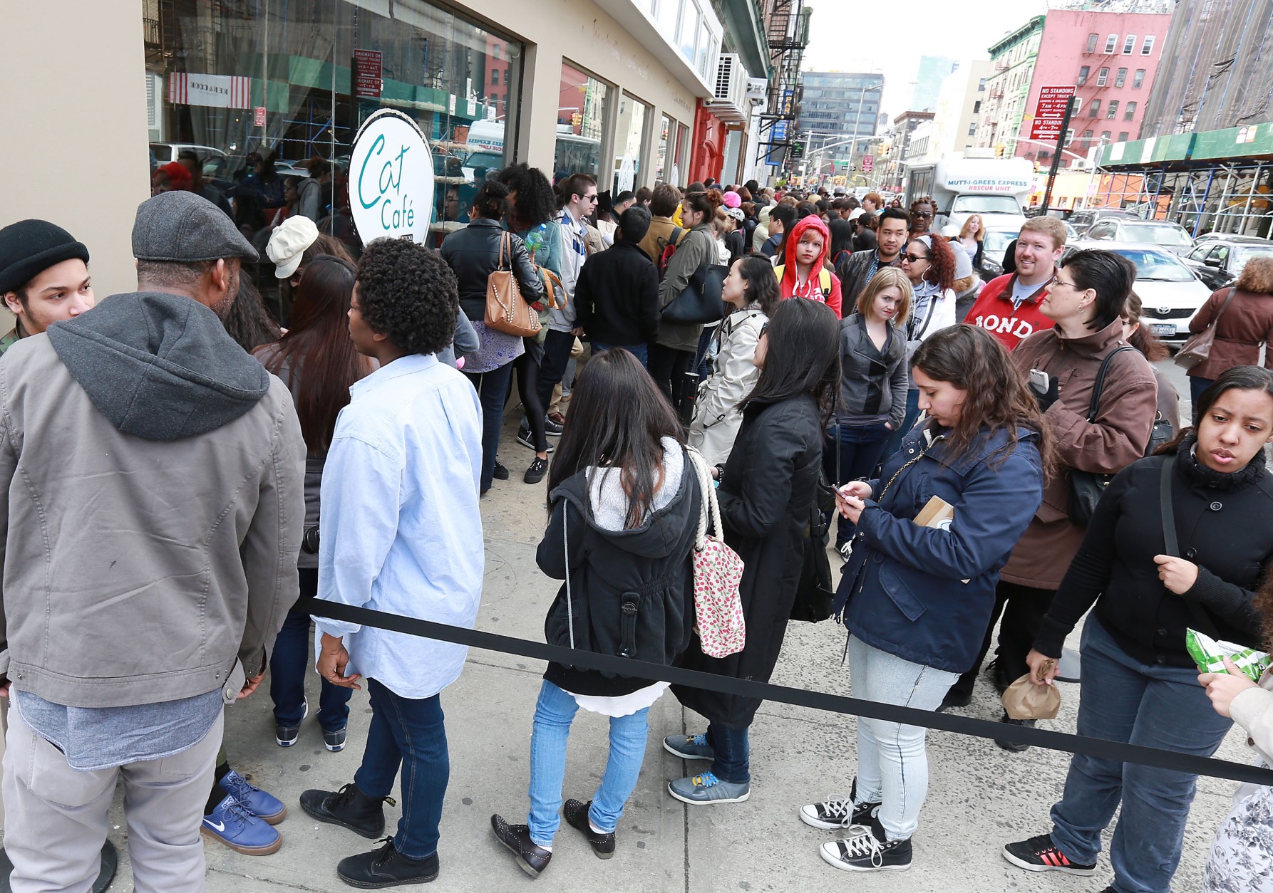 IMAGE DISTRIBUTED FOR PURINA ONE - People wait to enter the Cat Cafe by Purina ONE, on Sunday, April 27, 2014, in New York. (Photo by Amy Sussman/Invision for Purina ONE/AP Images)