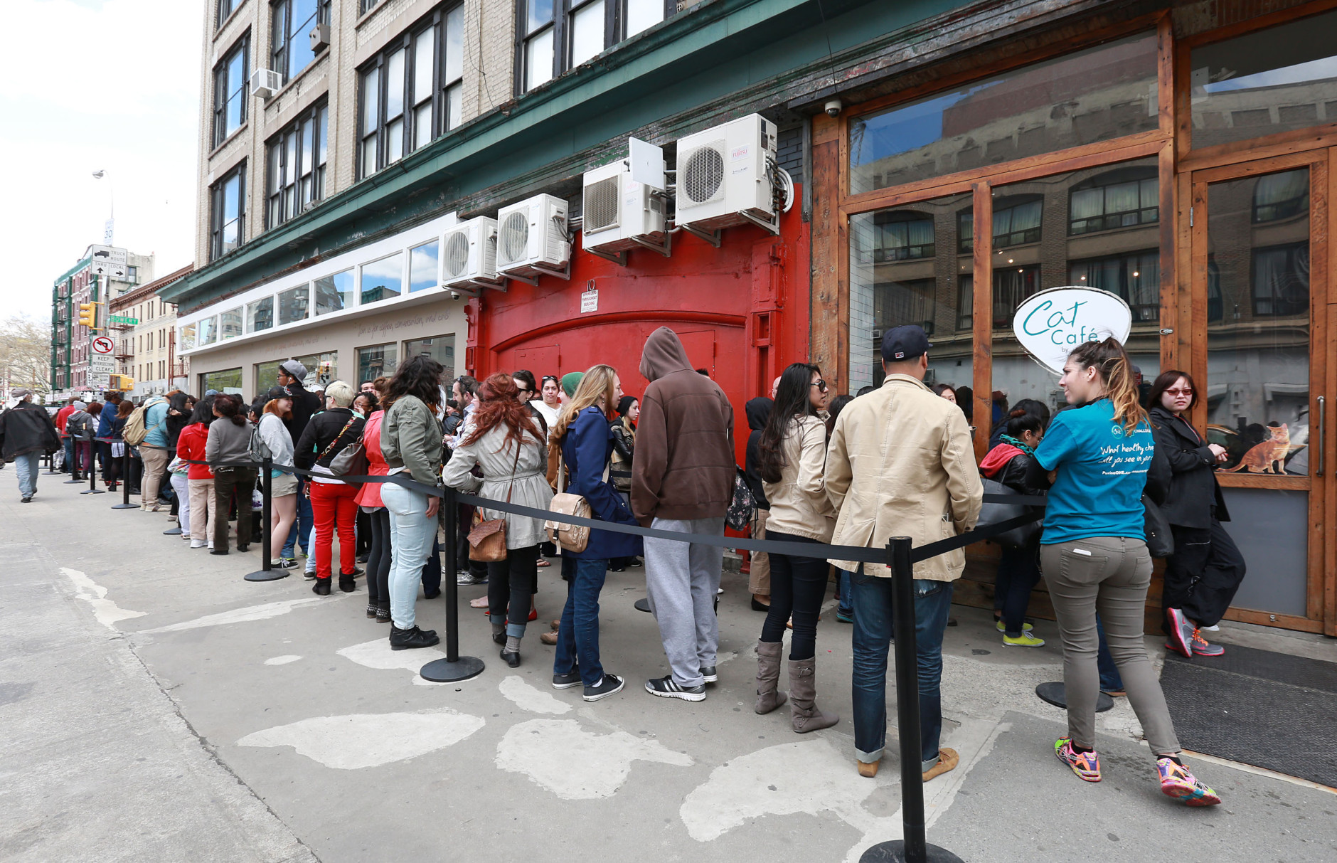 People wait to enter the Cat Café by Purina ONE, on Sunday, April 27, 2014 in New York. (Photo by Amy Sussman/Invision for Purina ONE/AP Images)