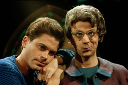 Rob Lowe, left, and Dana Carvey as The Church Lady, appear together during rehearsals for NBC's "Saturday Night Live," March 15, 1990.  (AP Photo/Frankie Ziths)