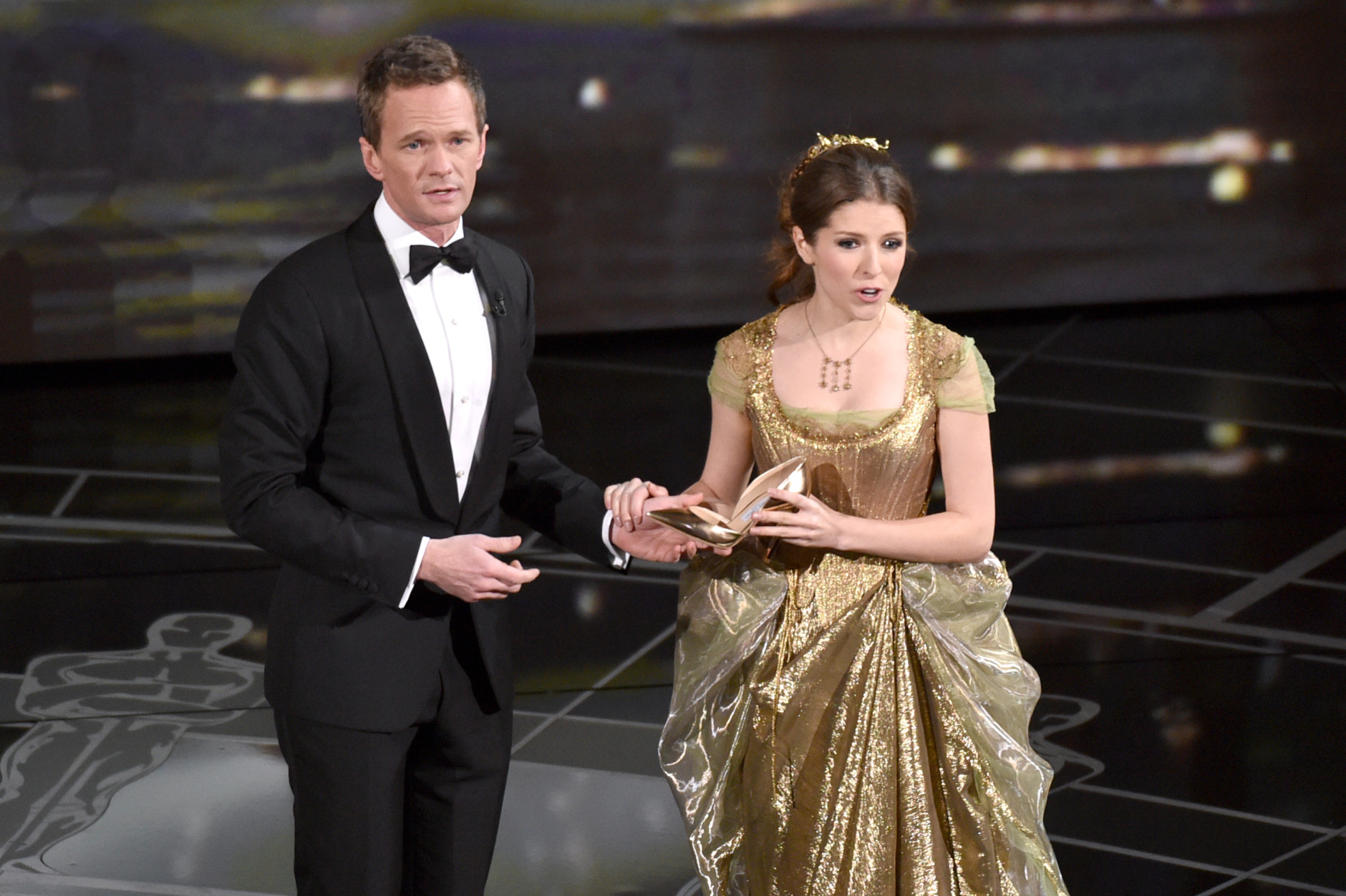 Host Neil Patrick Harris, left, and Anna Kendrick perform at the Oscars on Sunday, Feb. 22, 2015, at the Dolby Theatre in Los Angeles. (Photo by John Shearer/Invision/AP)
