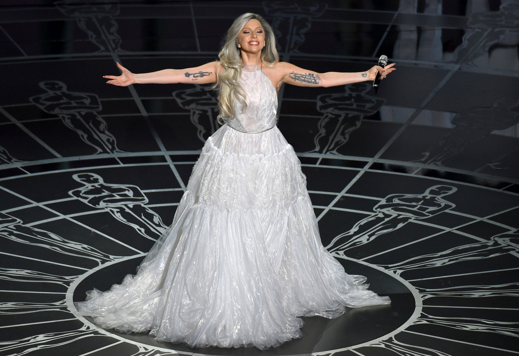 Lady Gaga performs on stage at the Oscars on Sunday, Feb. 22, 2015, at the Dolby Theatre in Los Angeles. (Photo by John Shearer/Invision/AP)