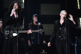Hozier, left, and Annie Lennox perform at the 57th annual Grammy Awards on Sunday, Feb. 8, 2015, in Los Angeles. (Photo by John Shearer/Invision/AP)