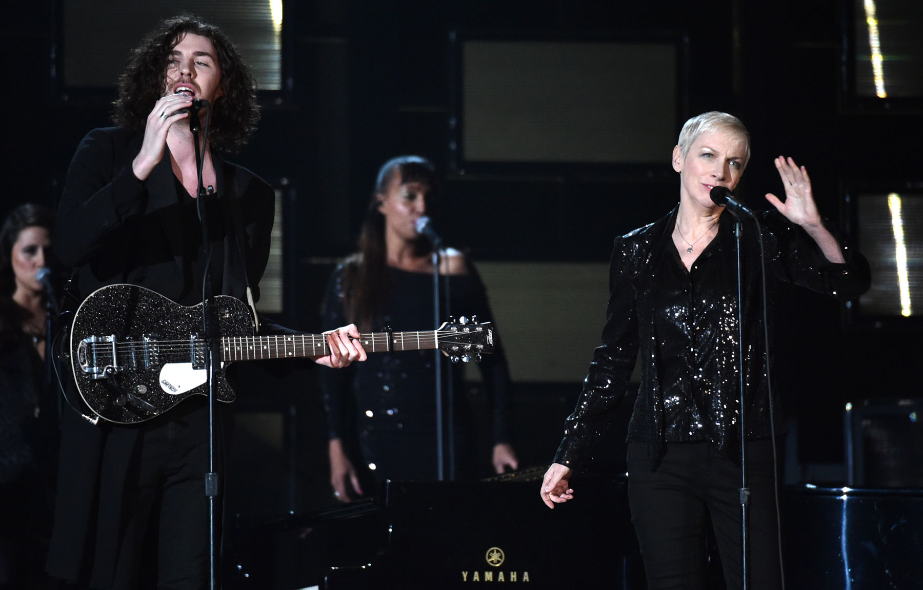 Hozier, left, and Annie Lennox perform at the 57th annual Grammy Awards on Sunday, Feb. 8, 2015, in Los Angeles. (Photo by John Shearer/Invision/AP)