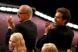 Michael Keaton, left, and Sean Douglas are seen in the audience at the Oscars on Sunday, Feb. 22, 2015, at the Dolby Theatre in Los Angeles. (Photo by John Shearer/Invision/AP)