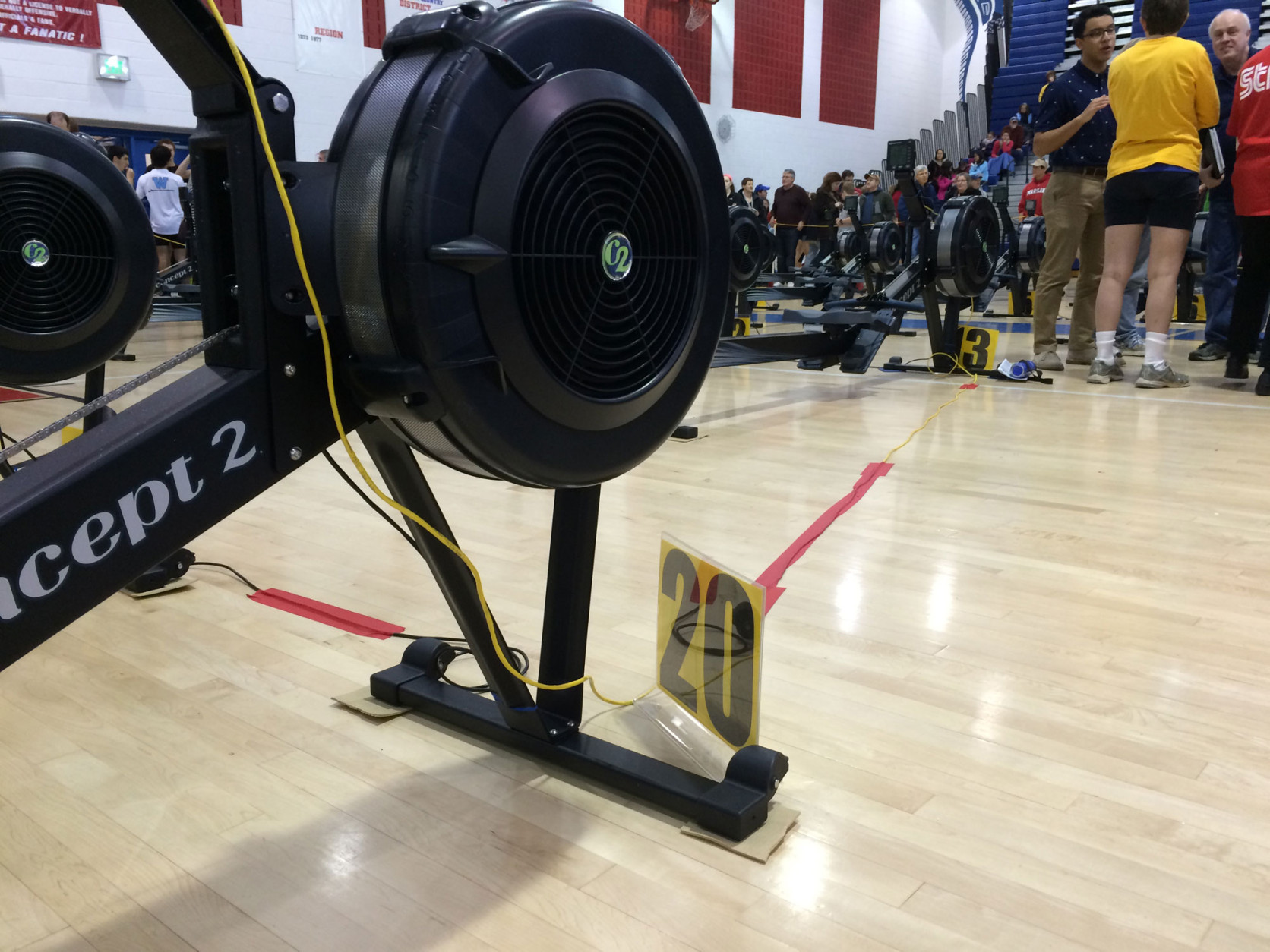 This year's crop of modern ergs, which are all tied electronically to a central timing station. (WTOP/Noah Frank)