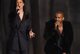 Rihanna, left, and Kanye West perform at the 57th annual Grammy Awards on Sunday, Feb. 8, 2015, in Los Angeles. (Photo by John Shearer/Invision/AP)