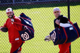 Washington Nationals pitchers Tanner Roark, left, and Craig Stammen arrive at the team's spring training baseball facility, Thursday, Feb. 19, 2015, in Viera, Fla. (AP Photo/David Goldman)