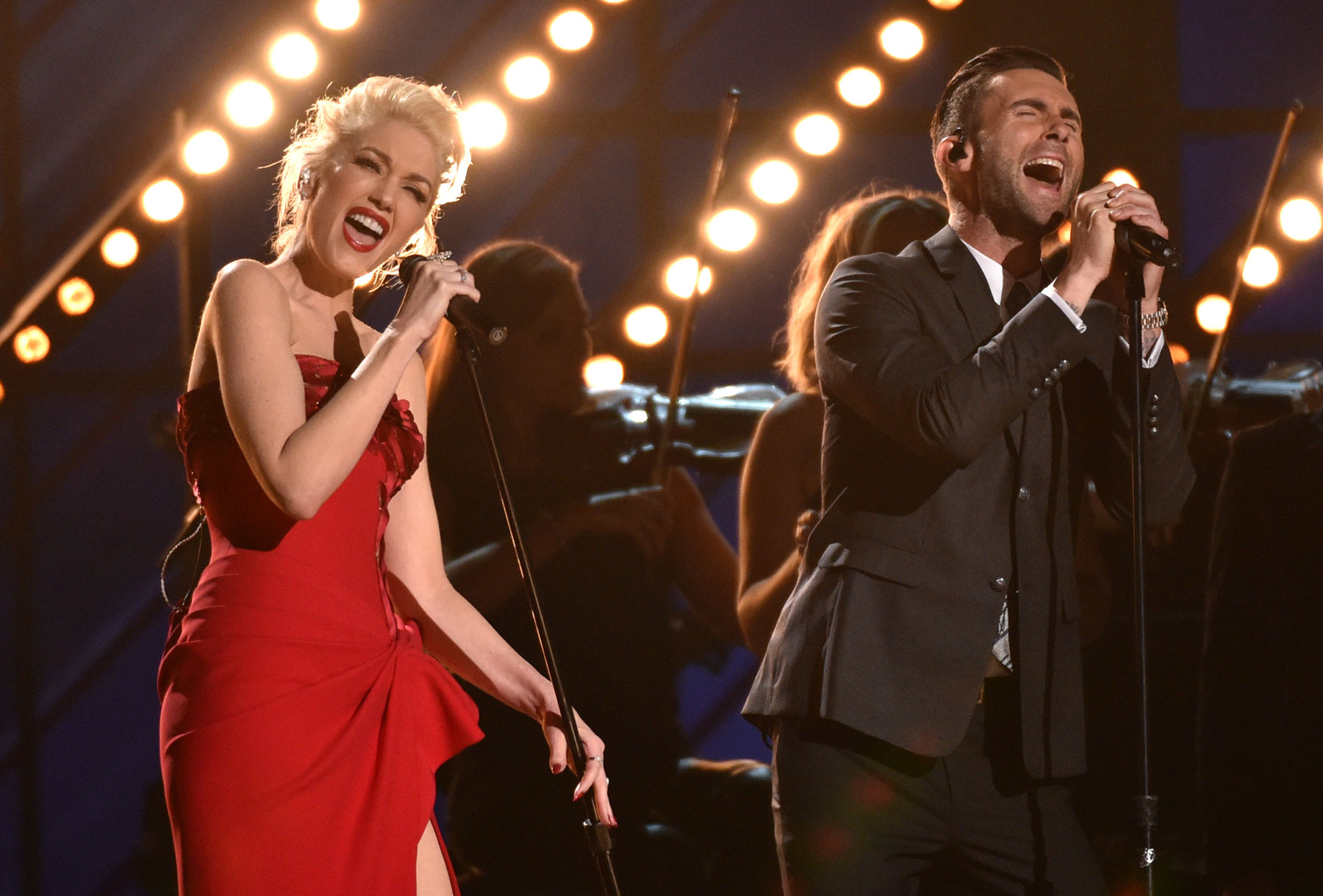 Gwen Stefani, left, and Adam Levine perform at the 57th annual Grammy Awards on Sunday, Feb. 8, 2015, in Los Angeles. (Photo by John Shearer/Invision/AP)