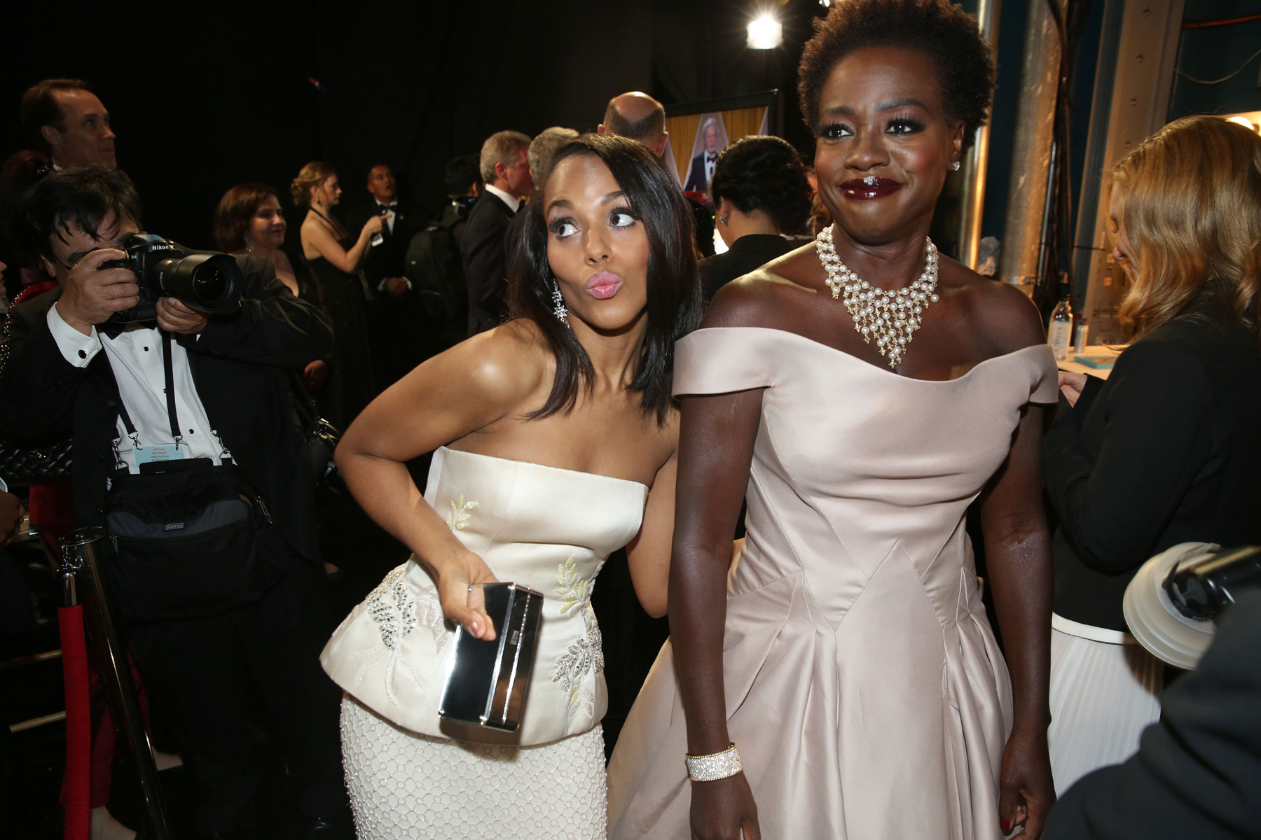 Kerry Washington, left, and Viola Davis are seen backstage at the Oscars on Sunday, Feb. 22, 2015, at the Dolby Theatre in Los Angeles. (Photo by Matt Sayles/Invision/AP)