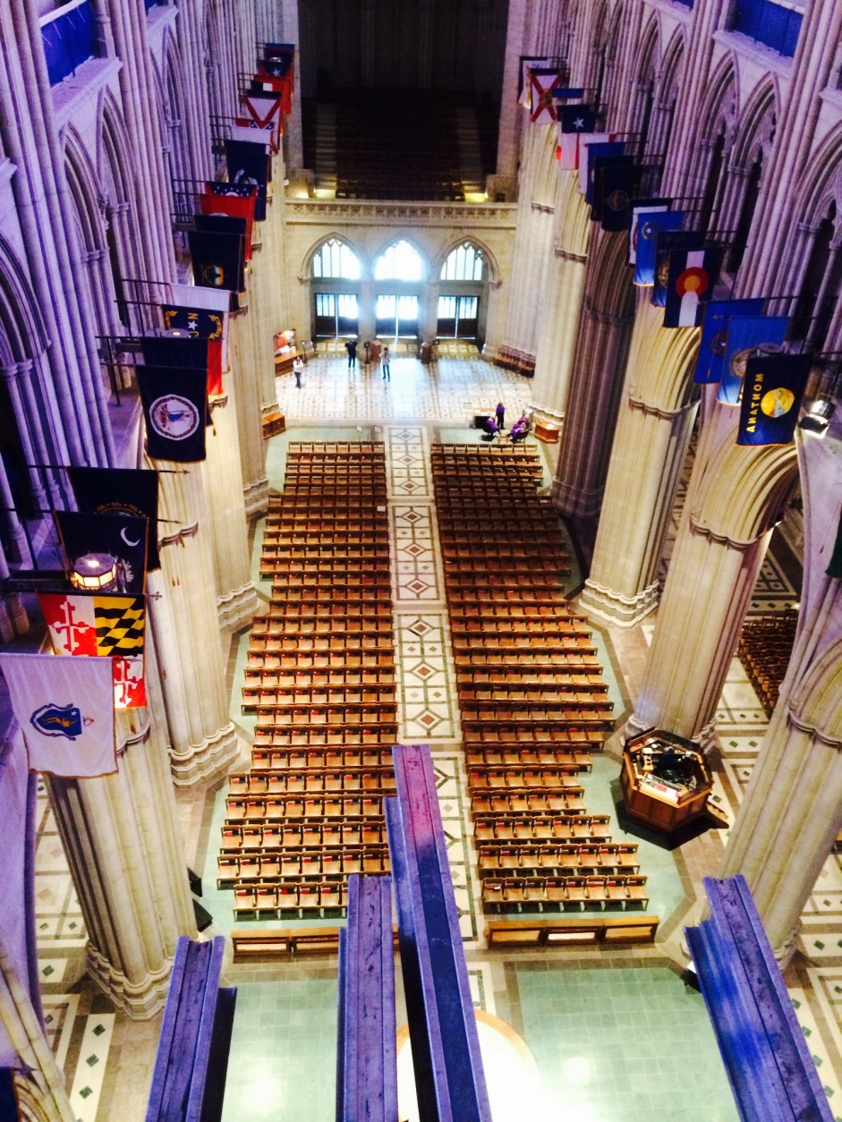A view of the floor of the Washington National Cathedral from scaffolding near the vaulted ceiling. Earthquake-related repairs inside the cathedral are finished but repairs outside continue. (WTOP/Dick Uliano)