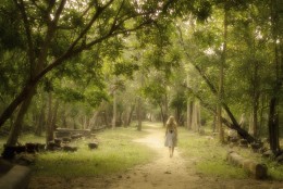Young Woman Walking on Path into Enchanted Forest