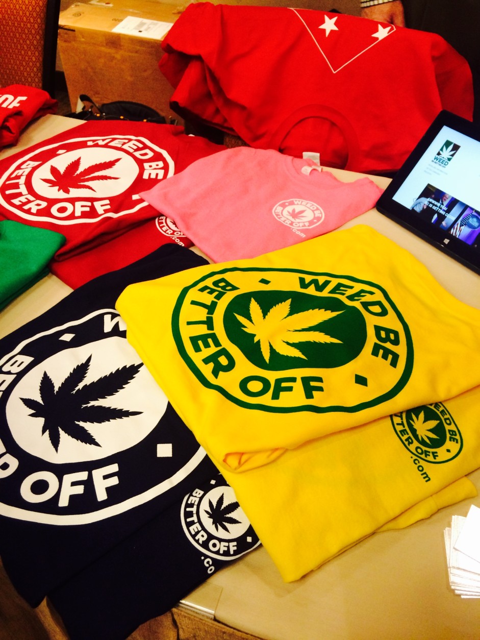 Shirts available for sale at the ComfyTree Cannabis Academy, Grow School and Job Fair. (WTOP/Dick Uliano)