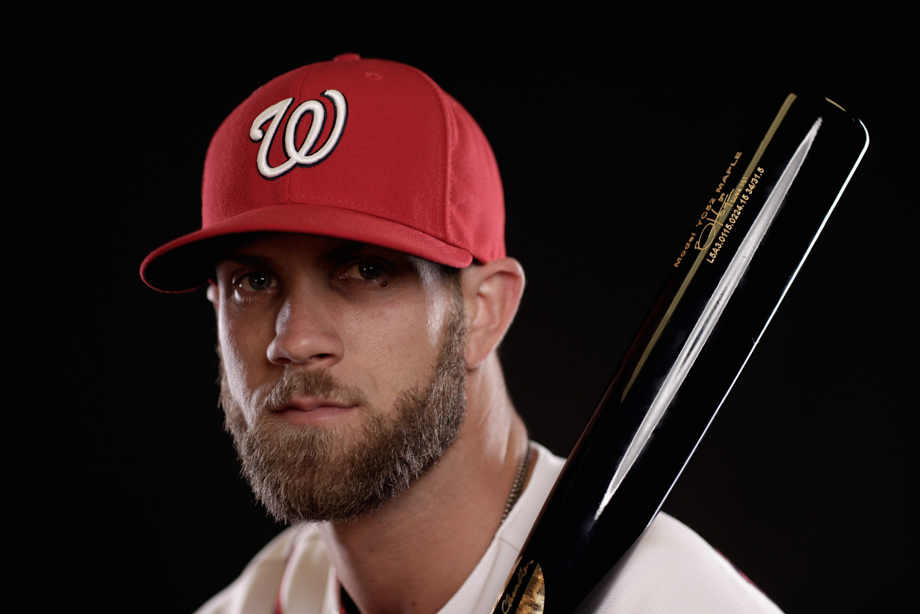 VIERA, FL - MARCH 01:  Bryce Harper #34 of the Washington Nationals poses for a portrait during photo day at Space Coast Stadium on March 1, 2015 in Viera, Florida.  (Photo by Chris Trotman/Getty Images)