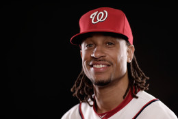 VIERA, FL - MARCH 01:  Emmanuel Burriss #16 of the Washington Nationals poses for a portrait during photo day at Space Coast Stadium on March 1, 2015 in Viera, Florida.  (Photo by Chris Trotman/Getty Images)