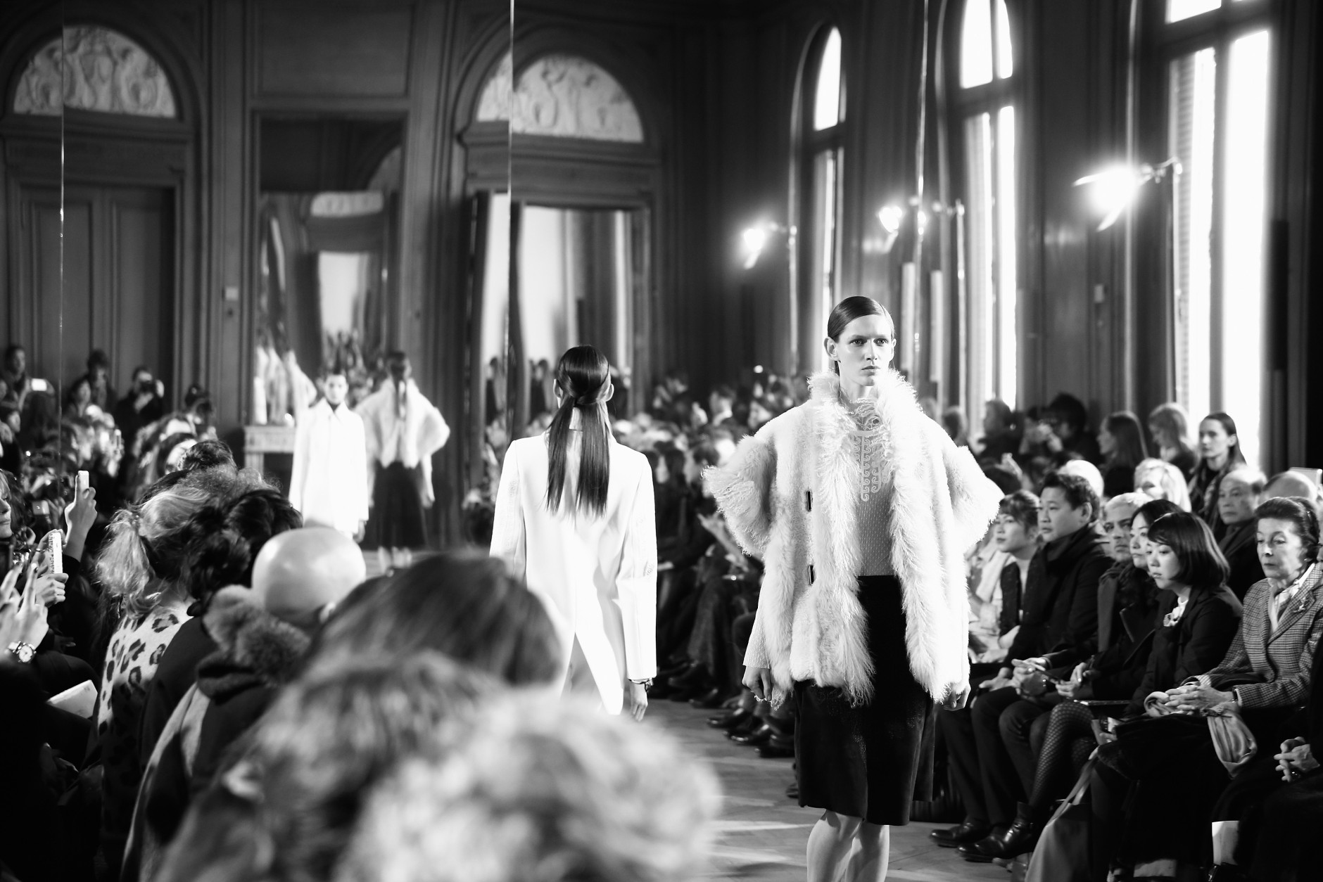 PARIS, FRANCE - MARCH 04:  (EDITORS NOTE: Image has been converted to black and white)  A model walks the runway during the Sharon Wauchob show as part of Paris Fashion Week Womenswear Fall/Winter 2015/2016 on March 4, 2015 in Paris, France.  (Photo by Andreas Rentz/Getty Images)