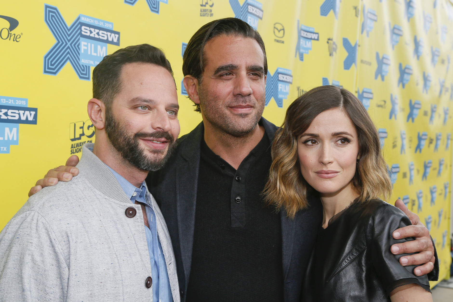 Nick Kroll, Bobby Cannavale and Rose Byrne, from left, walk the red carpet for "Adult Biginners" during the South by Southwest Film Festival on Sunday, March 15, 2015 in Austin, Texas. (Photo by Jack Plunkett/Invision/AP)