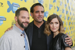 Nick Kroll, Bobby Cannavale and Rose Byrne, from left, walk the red carpet for "Adult Biginners" during the South by Southwest Film Festival on Sunday, March 15, 2015 in Austin, Texas. (Photo by Jack Plunkett/Invision/AP)
