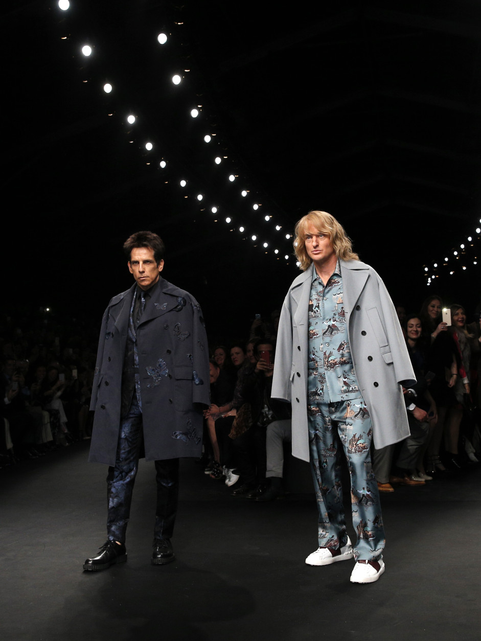 Actors Ben Stiller, left, and Owen Wilson wear  creations for Valentino's fall-winter 2015-2016 ready to wear fashion collection, presented at Paris fashion week, Paris, France, Tuesday, March 10, 2015. (AP Photo/Christophe Ena)