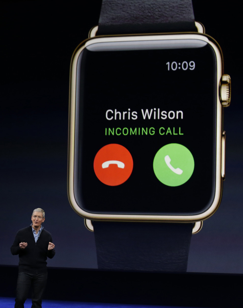 Apple CEO Tim Cook explains the features of the new Apple Watch during an Apple event on Monday, March 9, 2015, in San Francisco. (AP Photo/Eric Risberg)