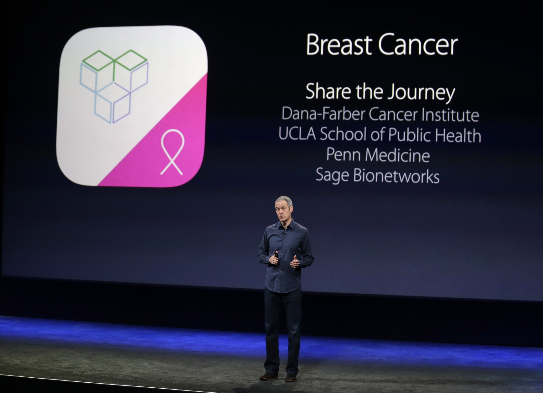 Apple Vice President of Operations, Jeff Williams, discusses ResearchKit during an Apple event on Monday, March 9, 2015, in San Francisco. (AP Photo/Eric Risberg)