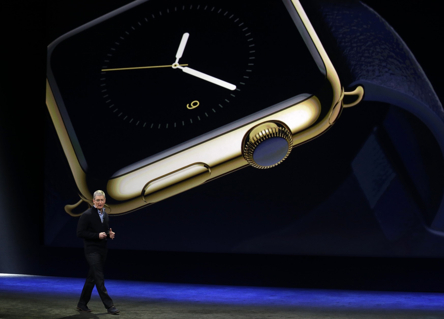 Apple CEO Tim Cook talks about the new Apple Watch during an Apple event on Monday, March 9, 2015, in San Francisco. (AP Photo/Eric Risberg)