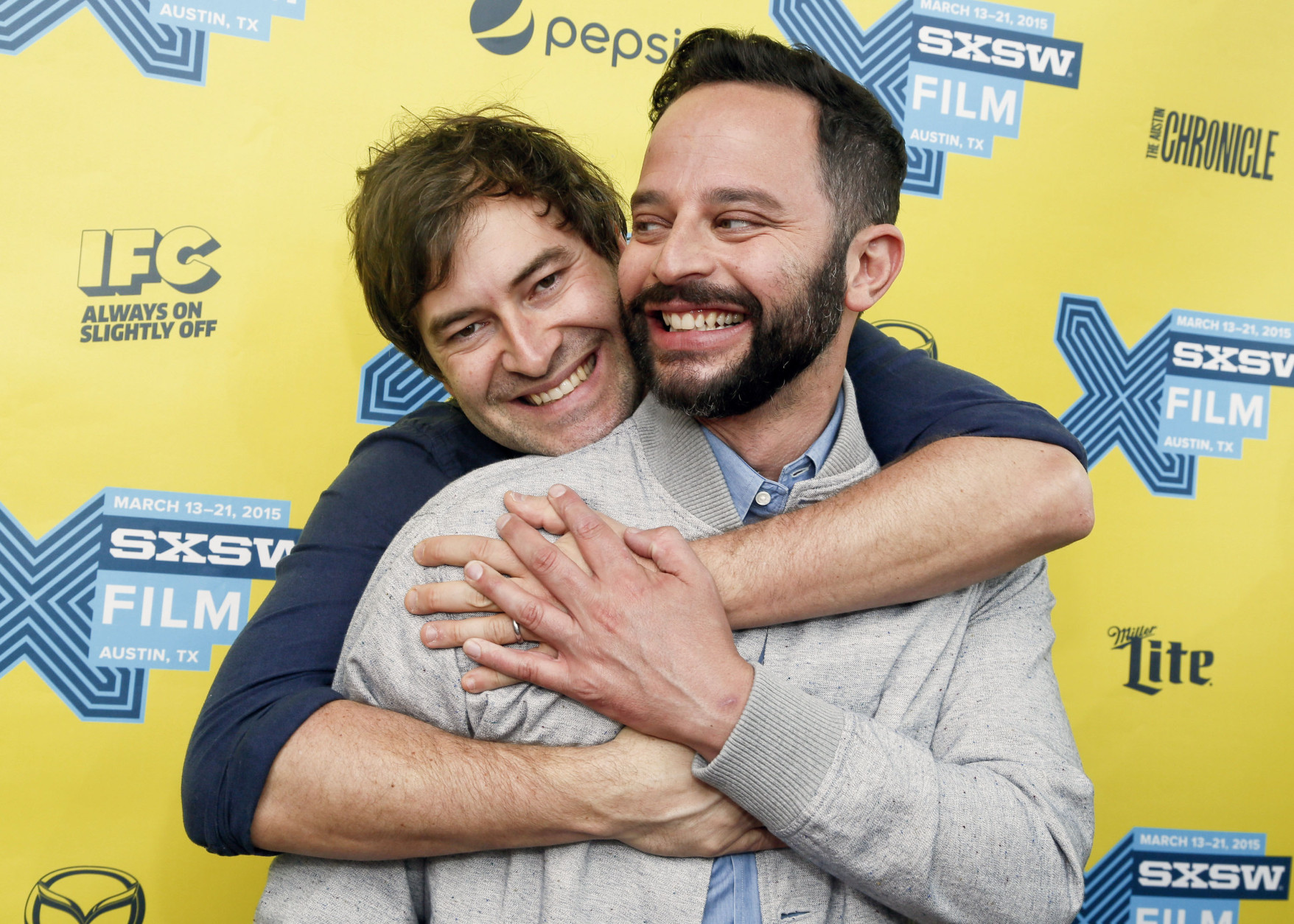 Mark Duplass, left, and Nick Kroll horse around on the red carpet for "Adult Biginners" during the South by Southwest Film Festival on Sunday, March 15, 2015 in Austin, Texas. (Photo by Jack Plunkett/Invision/AP) Ross Katz (Cast) Nick Kroll, Rose Byrne, Bobby Cannavale (Executive Producer) Mark Duplass