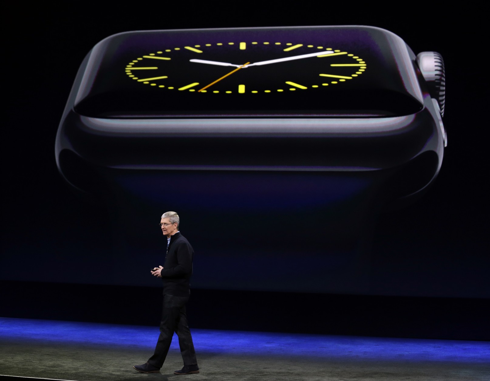 Apple CEO Tim Cook talks about the new Apple Watch during an Apple event on Monday, March 9, 2015, in San Francisco. (AP Photo/Eric Risberg)