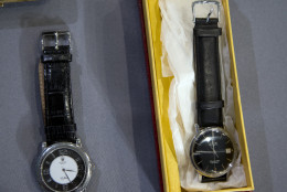 Two watches included with some objects, costumes, props, sketches and a script AMC and Lionsgate TV series, "Mad Men" donated to the National Museum of American History in Washington, is displayed during a ceremony, Friday, March 27, 2015.   (AP Photo/Manuel Balce Ceneta)