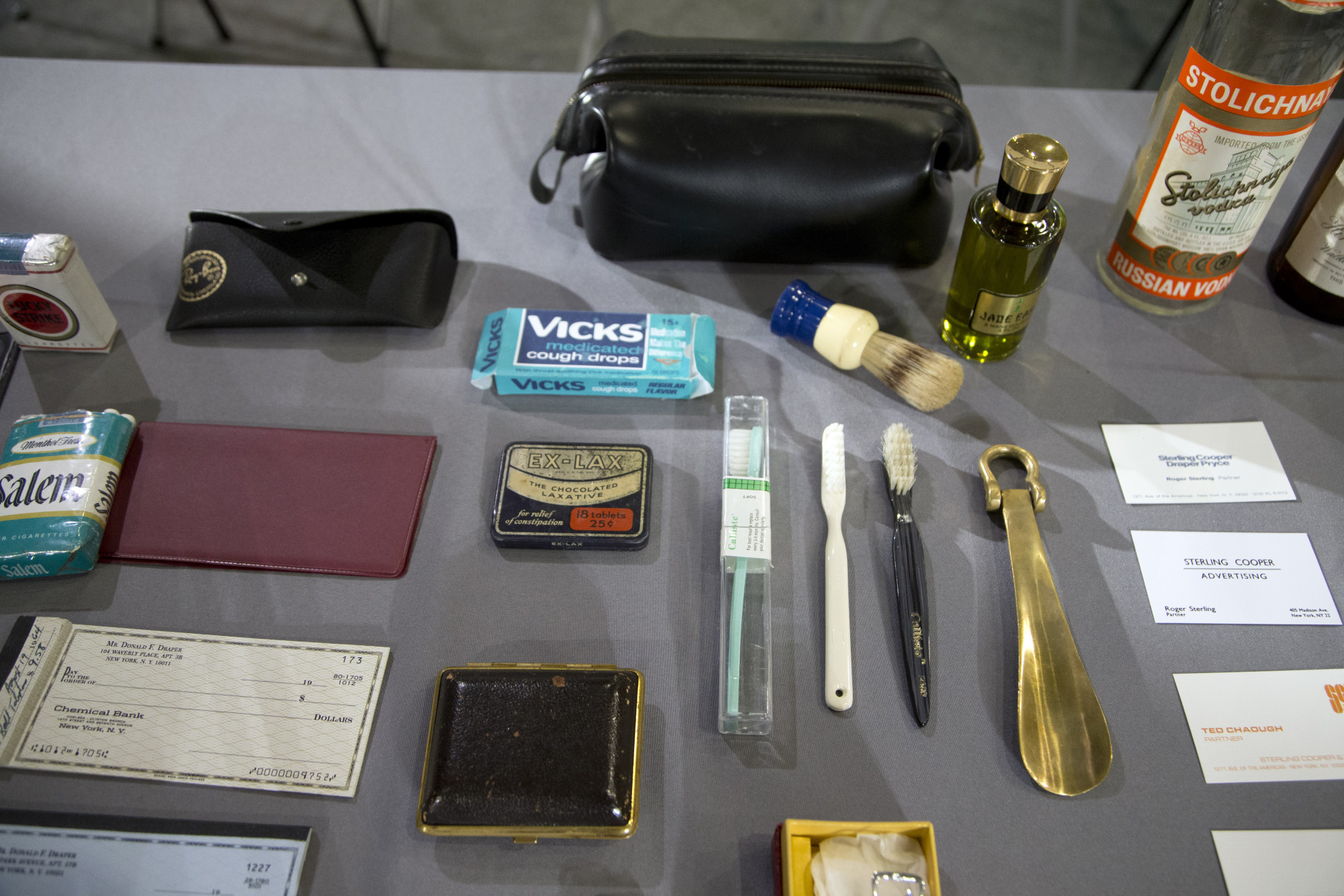 Some objects, costumes, props, sketches and a script from the AMC and Lionsgate TV series, "Mad Men" that were donated to the National Museum of American History in Washington, are displayed, Friday, March 27, 2015.   (AP Photo/Manuel Balce Ceneta)