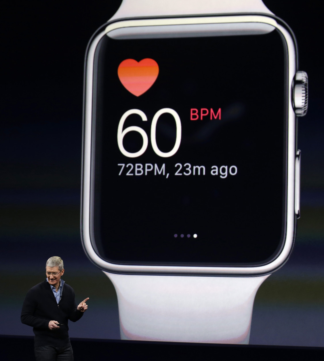 Apple CEO Tim Cook explains the features of the new Apple Watch during an Apple event on Monday, March 9, 2015, in San Francisco. (AP Photo/Eric Risberg)