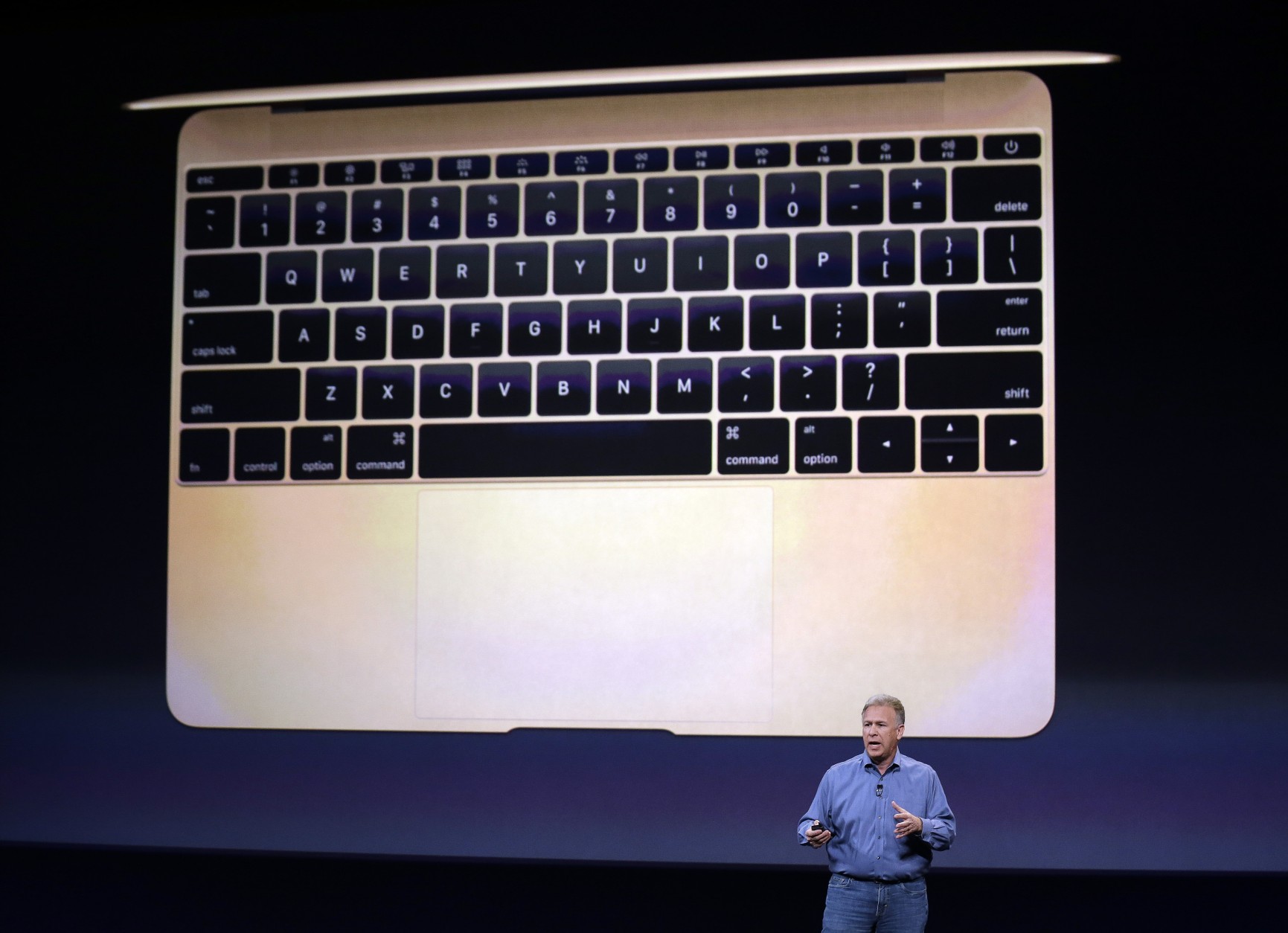 Phil Schiller, Apple's Senior Vice President of Worldwide Product Marketing, talks about the new Apple MacBook during an Apple event on Monday, March 9, 2015, in San Francisco. (AP Photo/Eric Risberg)