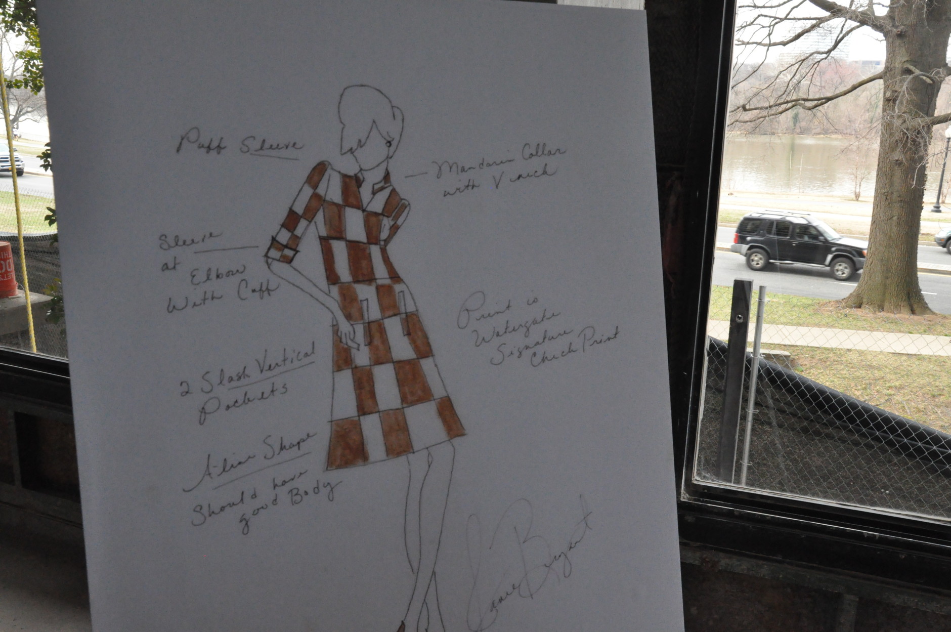 Bryant's uniform sketch for a front desk employee. Bryant won an Emmy Award for her costume designs on "Mad Men." (WTOP/Rachel Nania) 