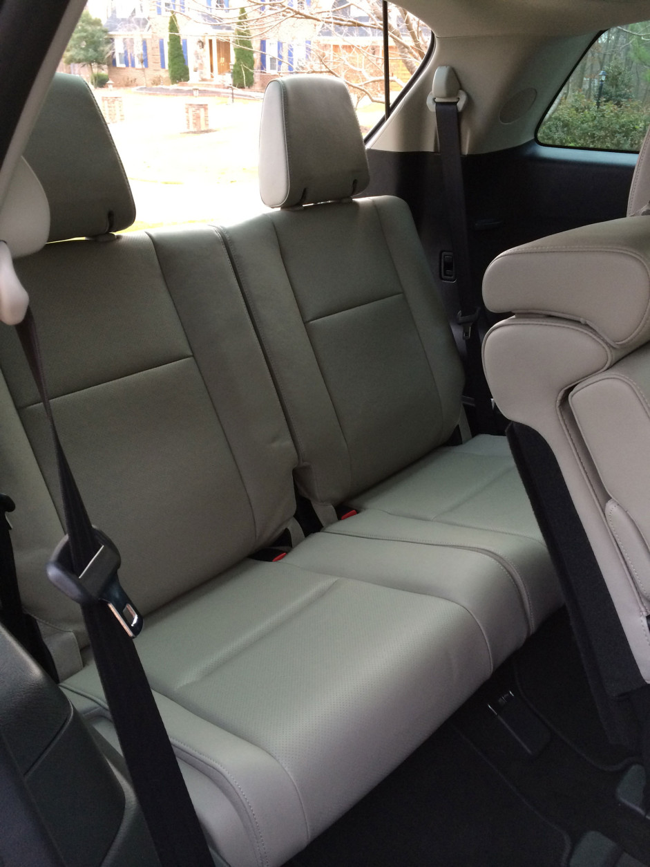 The leather heated seats are comfortable and the second row is good for three adults. You can squeeze an adult or two in the third row, but I wouldn’t want to ride very far in the back. (WTOP/Mike Parris)