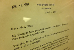 A closeup of the letter of condolence from President Lyndon B. Johnson to Coretta Scott King the day after the murer of her husband, Martin Luther King. (WTOP/Michelle Basch)