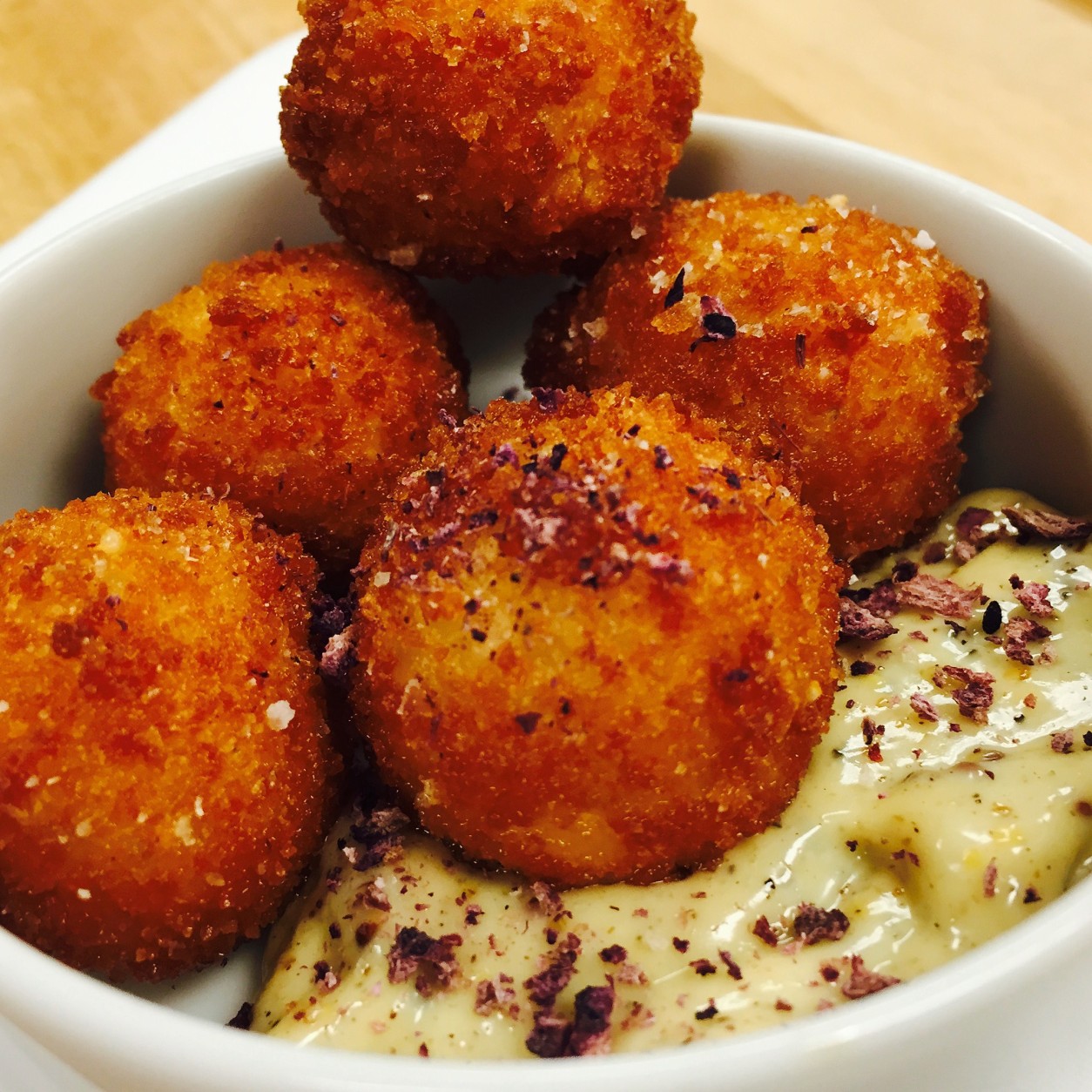 Trummer's on Main, a restaurant in Clifton, Virginia, recently launched a tasting menu for children. Pictured: smoked mozzarella arancini with escabeche. (Courtesy Dusty Lockhart)