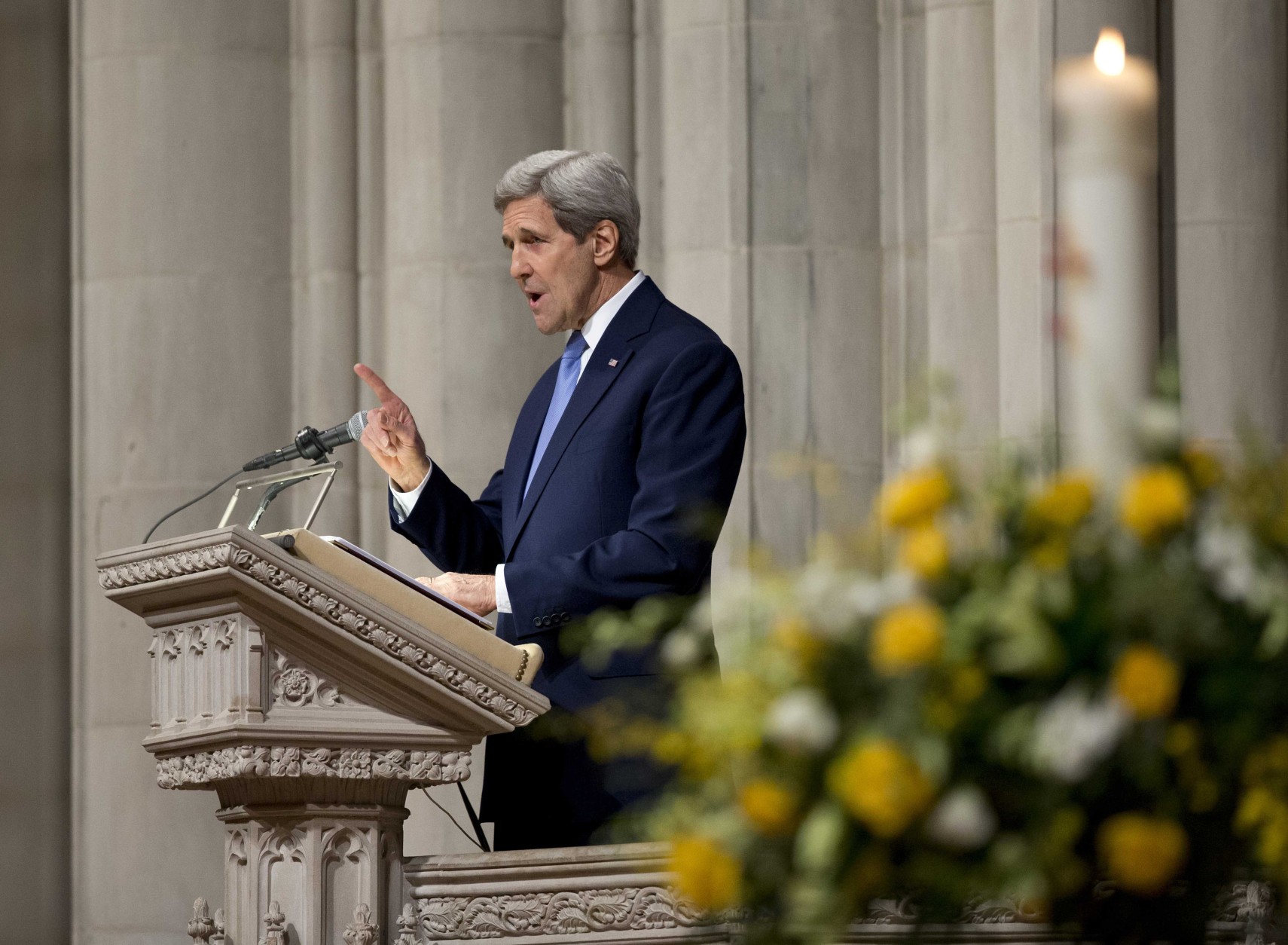 Secretary of State John Kerry pays tribute to the late Massachusetts Sen. Edward William Brooke III, Tuesday, March 10, 2015, during funeral services at the Washington National Cathedral, in Washington. Brooke, the first African-American to be popularly elected to the U.S. Senate. Brooke died on Jan. 3, 2015 at his home in Coral Gables, Fla. He was 95.    (AP Photo/Manuel Balce Ceneta)