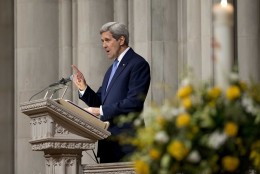 Secretary of State John Kerry pays tribute to the late Massachusetts Sen. Edward William Brooke III, Tuesday, March 10, 2015, during funeral services at the Washington National Cathedral, in Washington. Brooke, the first African-American to be popularly elected to the U.S. Senate. Brooke died on Jan. 3, 2015 at his home in Coral Gables, Fla. He was 95.    (AP Photo/Manuel Balce Ceneta)