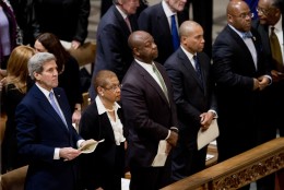 Front row, from left are, Secretary of State John Kerry, Del. Eleanor Holmes Norton, D-D.C., Sen. Tim Scott, R-S.C., and former Massachusetts Gov. Deval Patrick attend the funeral services for former Massachusetts Sen. Edward William Brooke III, Tuesday, March 10, 2015, at the Washington National Cathedral in Washington.  Brooke, the first African-American to be popularly elected to the U.S. Senate, died on Jan. 3, 2015 at his home in Coral Gables, Fla. He was 95. Sen. Edward Markey, D-Mass. and former Virginia Sen. John Warner are in the second row,  (AP Photo/Manuel Balce Ceneta)