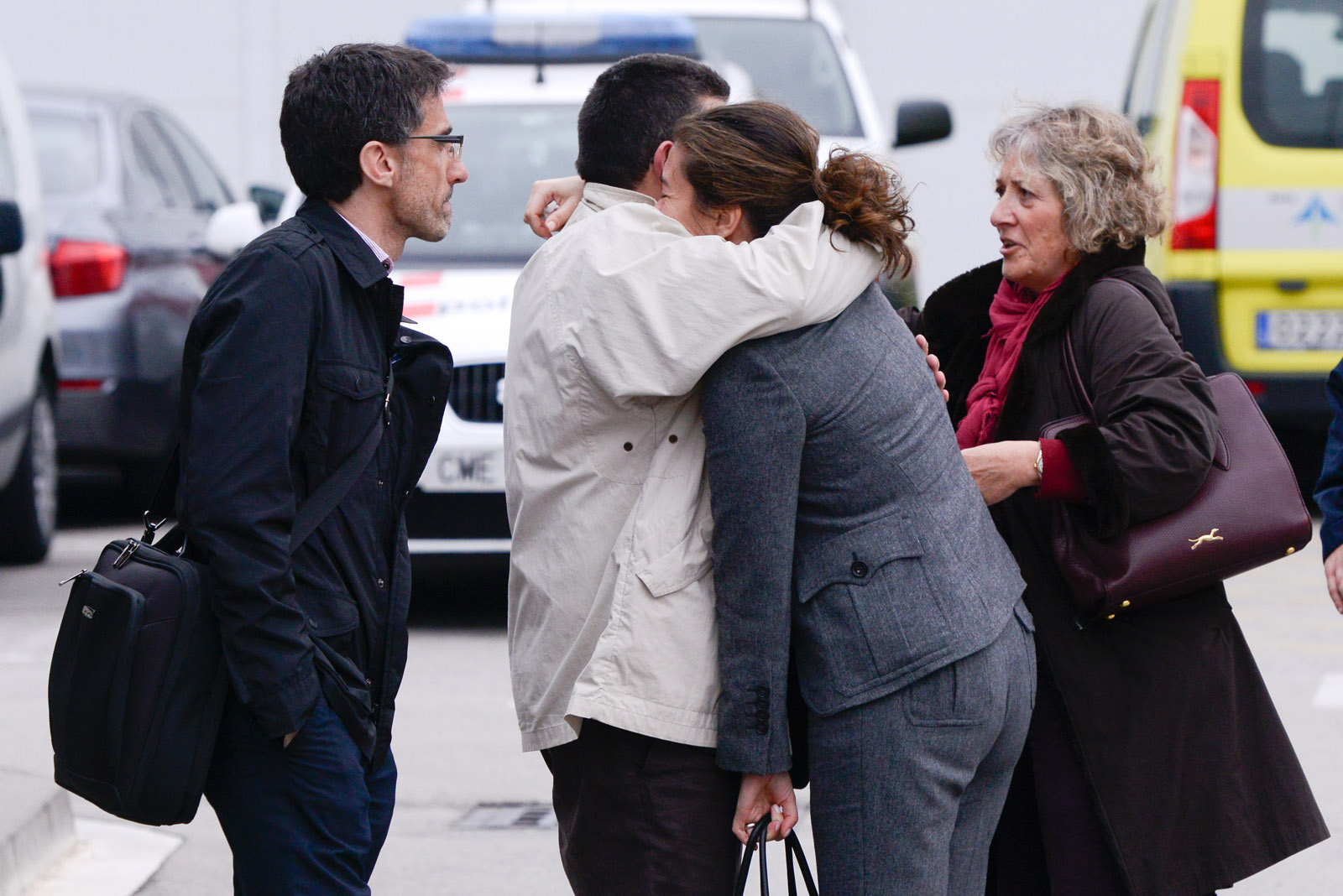BARCELONA, SPAIN- MARCH 24:  Relatives of passangers of the Germanwings plane crashed in French Alps arrive at the Terminal 2 of the Barcelona El Prat airport on March 24, 2015 in Barcelona, Spain. A Germanwings Airbus A320 airliner with 148 people on board has crashed in French Alps.  (Photo by David Ramos/Getty Images)