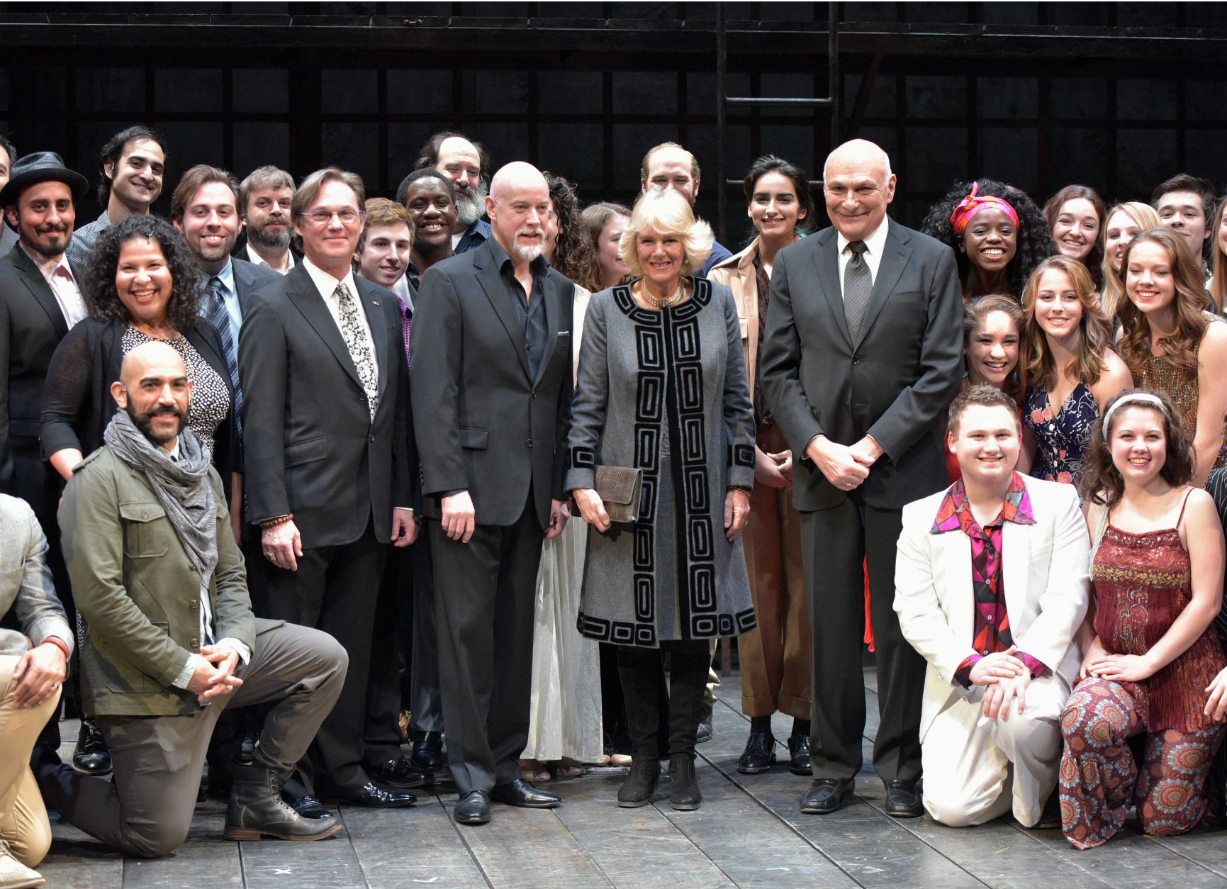 Camilla, the Duchess of Cornwall, Australian actor Anthony Warlow, center left, and Shakespeare Theatre Company artistic director Michael Kahn, center right, pose for a photograph during a visit to the Shakespeare Theatre Company at Sidney Harman Hall on Wednesday, March 18, 2015 in Washington. (AP Photo/Mandel Ngan, Pool)