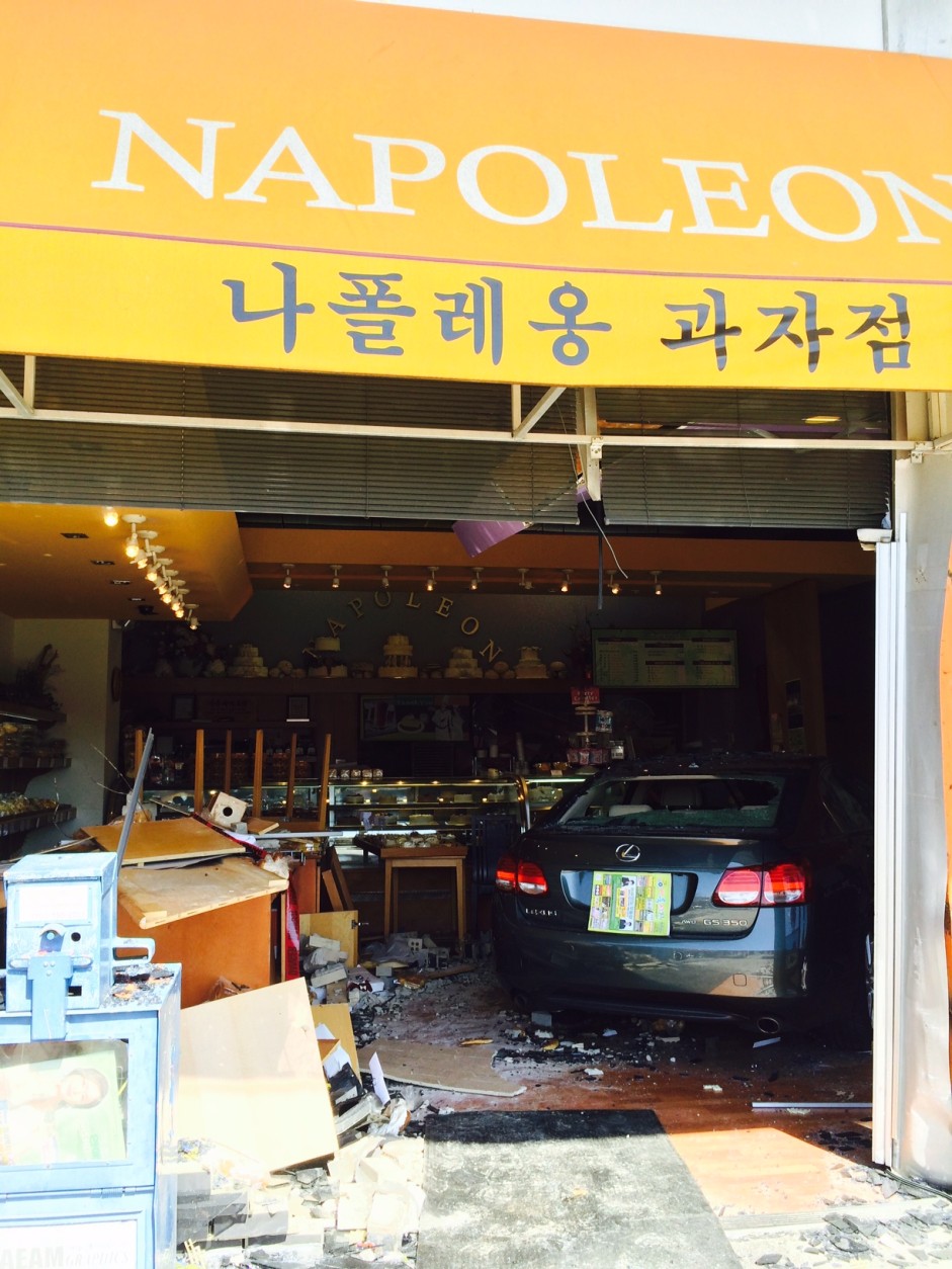 On Sunday, a Lexus crashed into the Napoleon Bakery on Tom Davis Drive in Annandale. (Photo Courtesy Fairfax County Police)