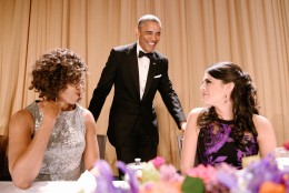 WASHINGTON, DC - APRIL 25: First Lady Michelle Obama, President Barack Obama and comedienne Cecily Strong of the Saturday Night Live show chat during the annual White House Correspondent's Association Gala at the Washington Hilton hotel April 25, 2015 in Washington, D.C. The dinner is an annual event attended by journalists, politicians and celebrities. (Photo by Olivier Douliery-Pool/Getty Images)