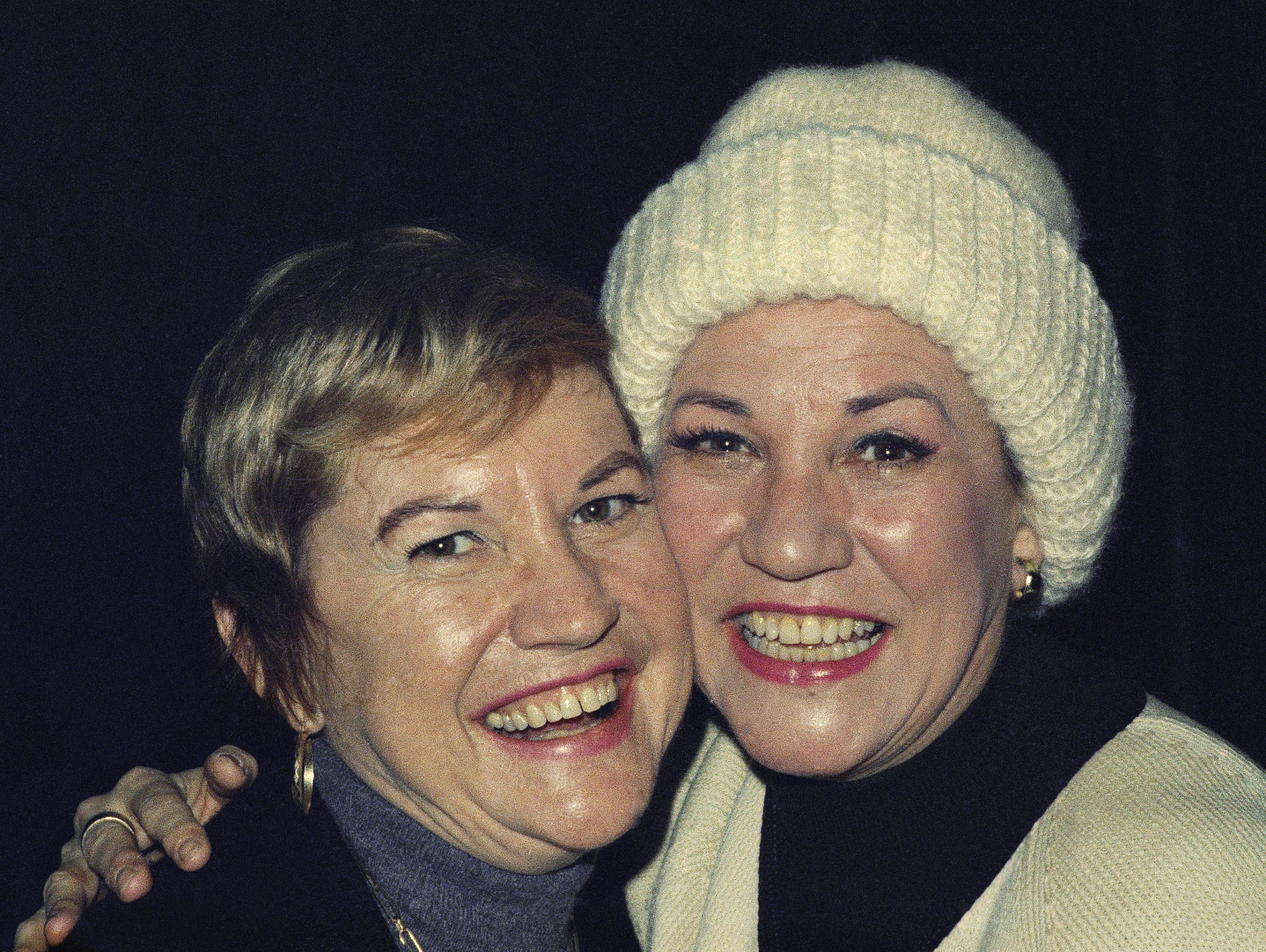 Patty, right, and Maxine, the two of the famous singing team, the Andrews Sisters of the 30s and 40s, are shown at a rehearsal for the Broadway musical "Over Here!", Dec. 17, 1973.  The Andrews Sisters were a team of three, with sister LaVerne, who died in 1967. (AP Photo/Dave Pickoff)