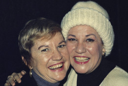 Patty, right, and Maxine, the two of the famous singing team, the Andrews Sisters of the 30s and 40s, are shown at a rehearsal for the Broadway musical "Over Here!", Dec. 17, 1973.  The Andrews Sisters were a team of three, with sister LaVerne, who died in 1967. (AP Photo/Dave Pickoff)