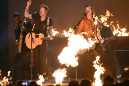 Brian Kelley, left, and Tyler Hubbard, of Florida Georgia Line, perform at the 50th annual Academy of Country Music Awards at AT&amp;T Stadium on Sunday, April 19, 2015, in Arlington, Texas. (Photo by Chris Pizzello/Invision/AP)